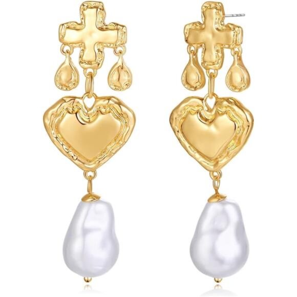 Pearl Chandelier Tassel Earrings | Gold Cross Heart Baroque Statement Drops - Picture 1 of 6